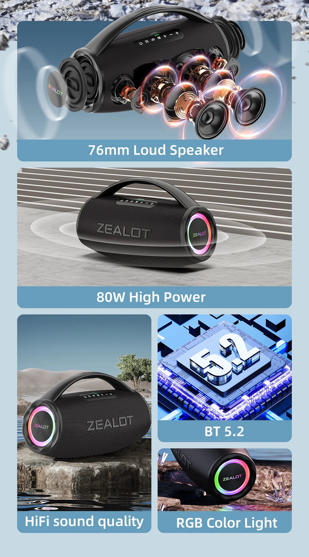 ZEALOT S97 80W Bluetooth Party Speaker — 16,000mAh, IPX6 Waterproof, RGB Lights & 360° Stereo