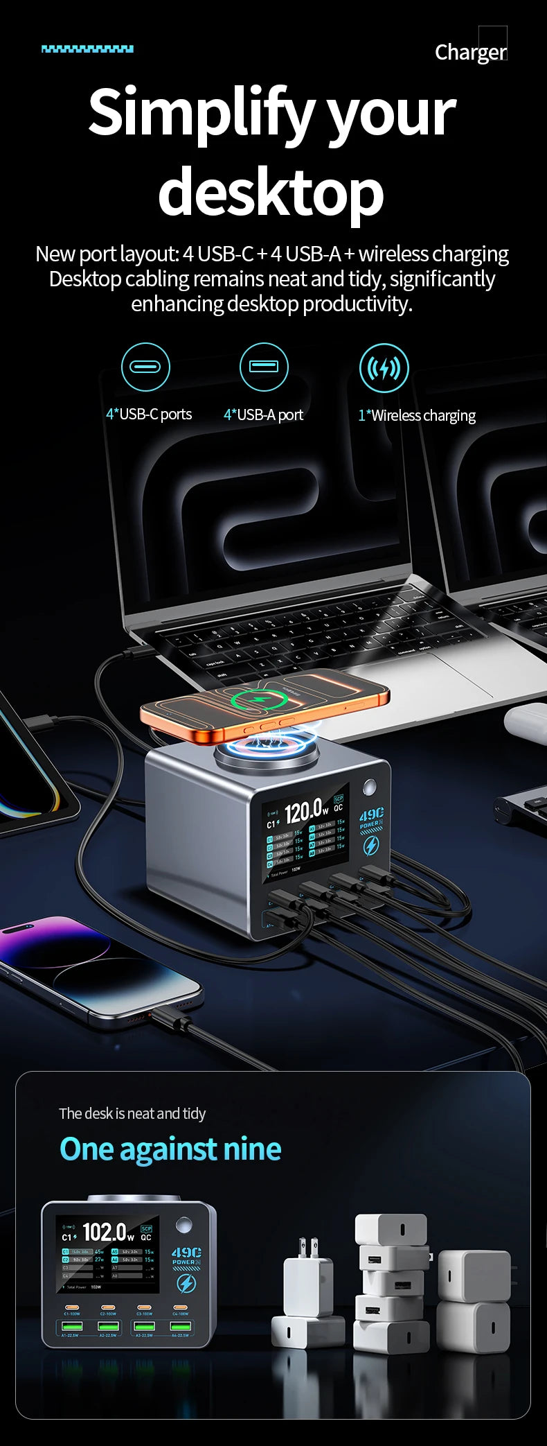 140W Smart Digital Charging Station — 8 Ports, Wireless & GaN Technology