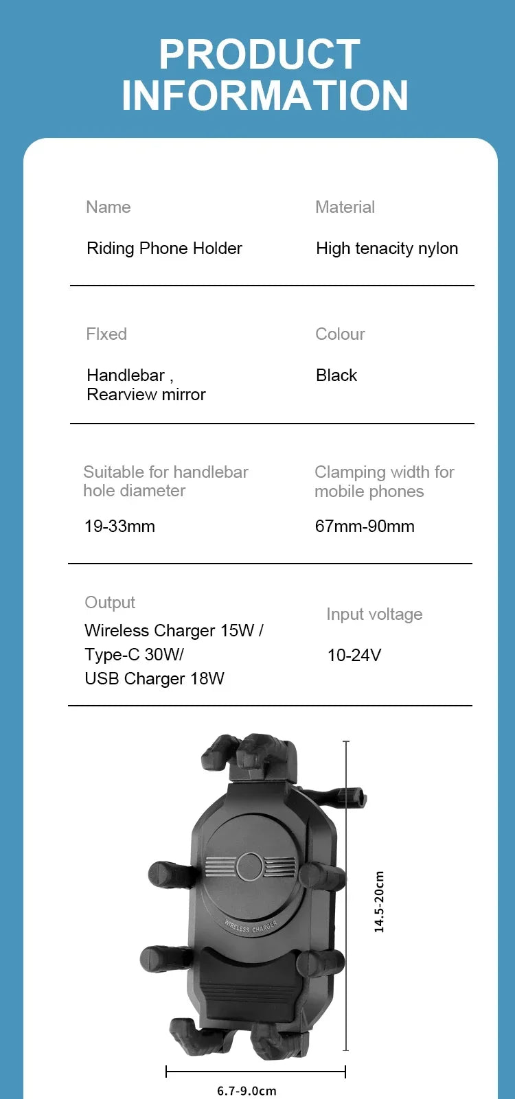 Motorcycle & Bike Phone Mount — 15W Wireless + 30W USB-C Fast Charging, 360° Rotation