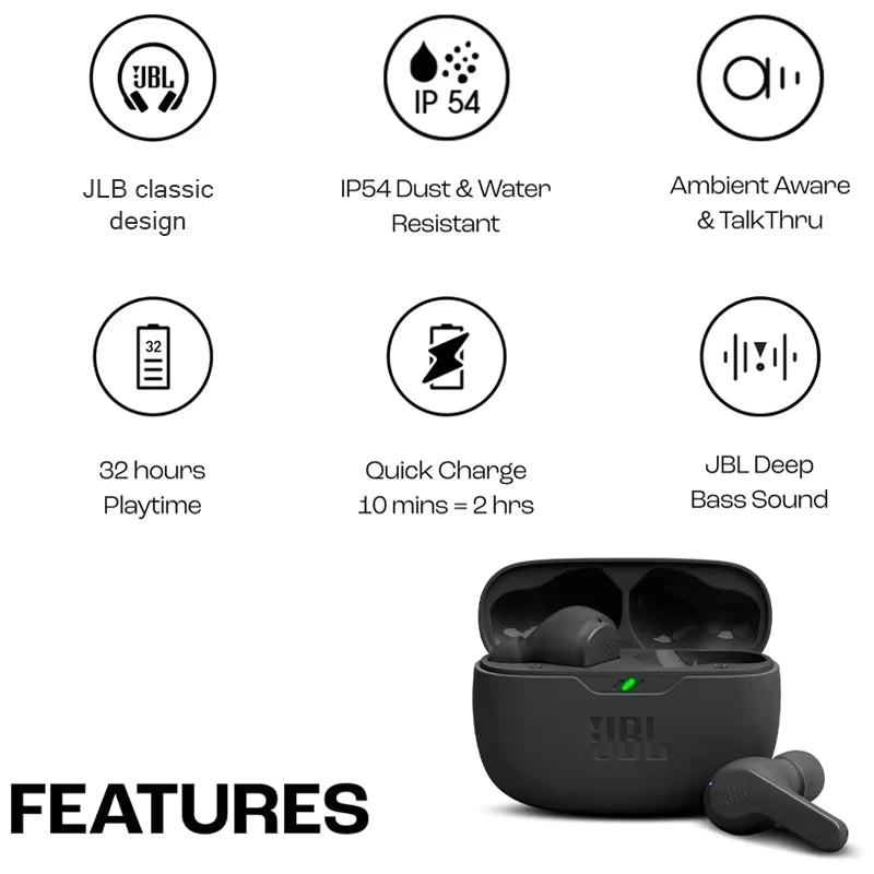 JBL Wave Beam True Wireless Earbuds – ANC, 32H Battery, IP54 Waterproof