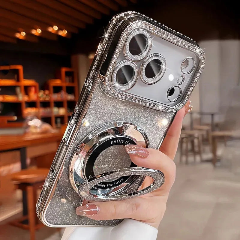 Diamond Glitter Magnetic iPhone Case — Transparent Plating with Lens Protection & Kickstand