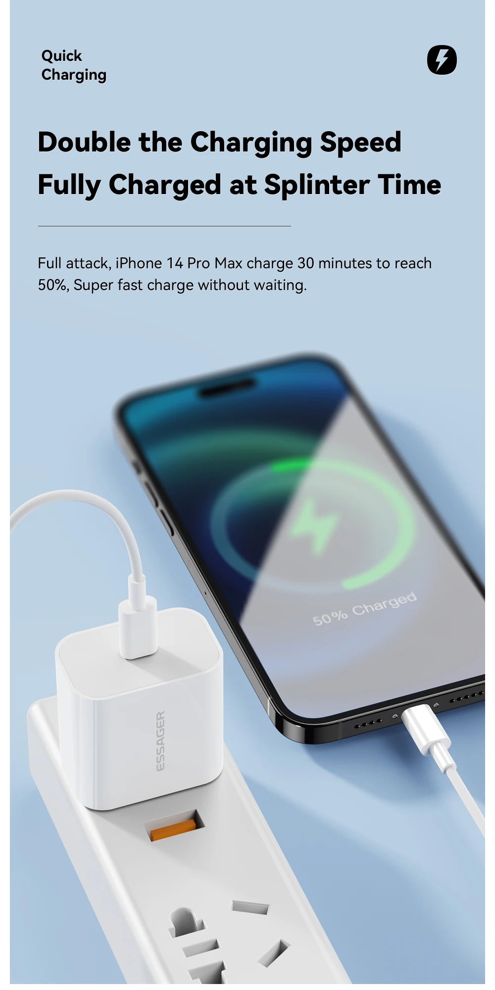 20W USB-C Fast Charger + Lightning Cable Kit | iPhone 14/13/12 | US & EU Plug