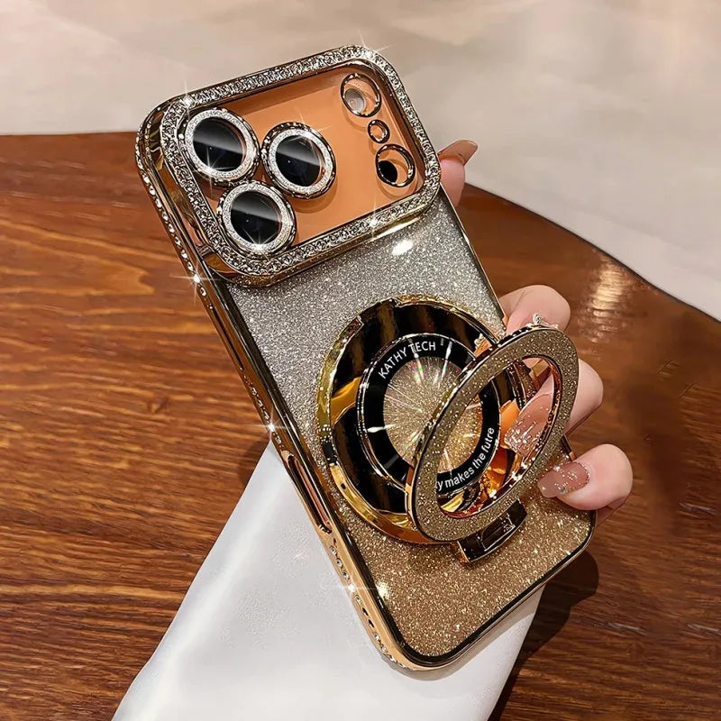 Diamond Glitter Magnetic iPhone Case — Transparent Plating with Lens Protection & Kickstand