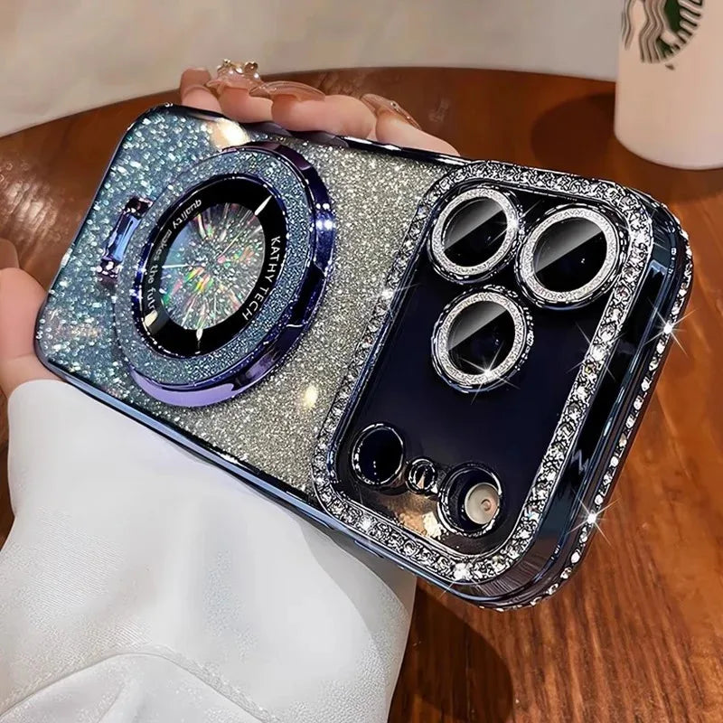 Diamond Glitter Magnetic iPhone Case — Transparent Plating with Lens Protection & Kickstand
