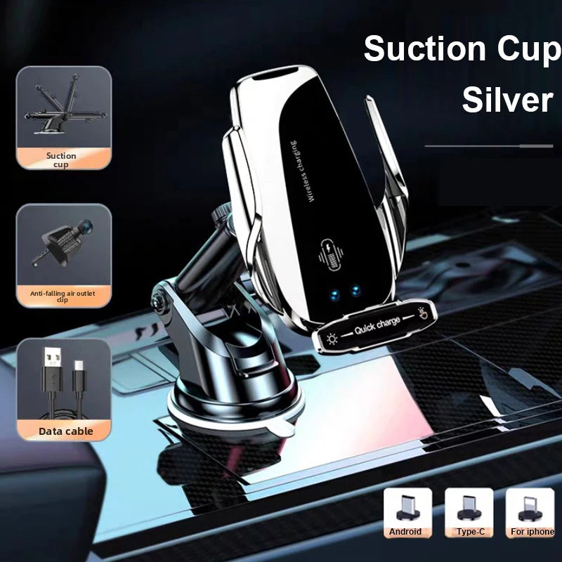Universal Car Phone Holder — Wireless & Wired Charging for iPhone, Android & USB-C
