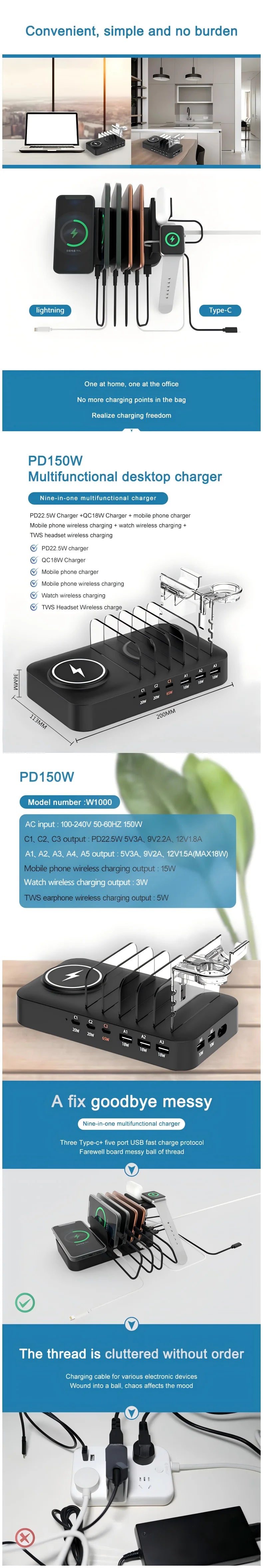 9-in-1 Multifunctional Charging Station — Wireless + USB-C + USB-A for Phones, Watches & Earbuds