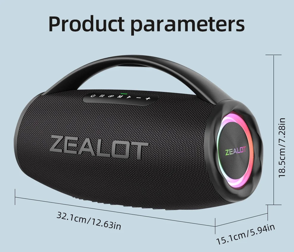 ZEALOT S97 80W Bluetooth Party Speaker — 16,000mAh, IPX6 Waterproof, RGB Lights & 360° Stereo