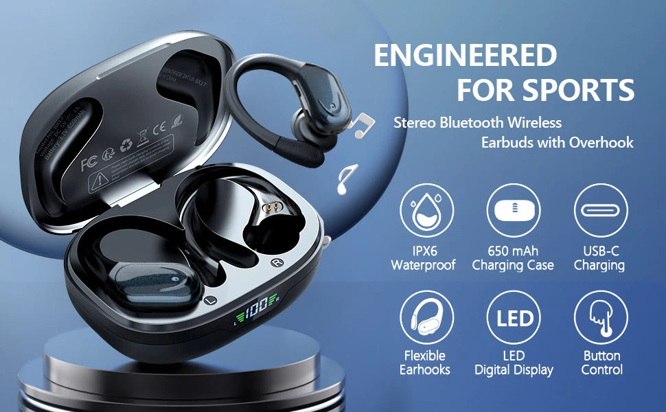 Bluetooth 5.3 Sport Earphones – TWS Earhook Headset with Mic, IPX6 Waterproof