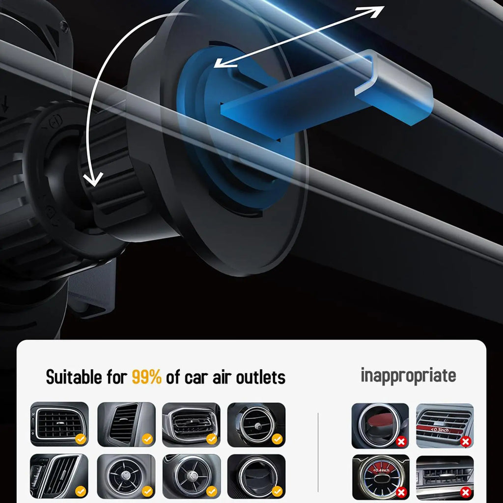 15W Wireless Car Charger Mount — Auto-Clamp, 360° Rotation & Air Vent Grip