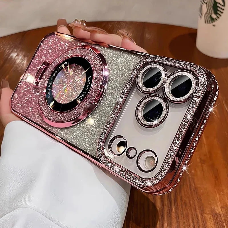 Diamond Glitter Magnetic iPhone Case — Transparent Plating with Lens Protection & Kickstand