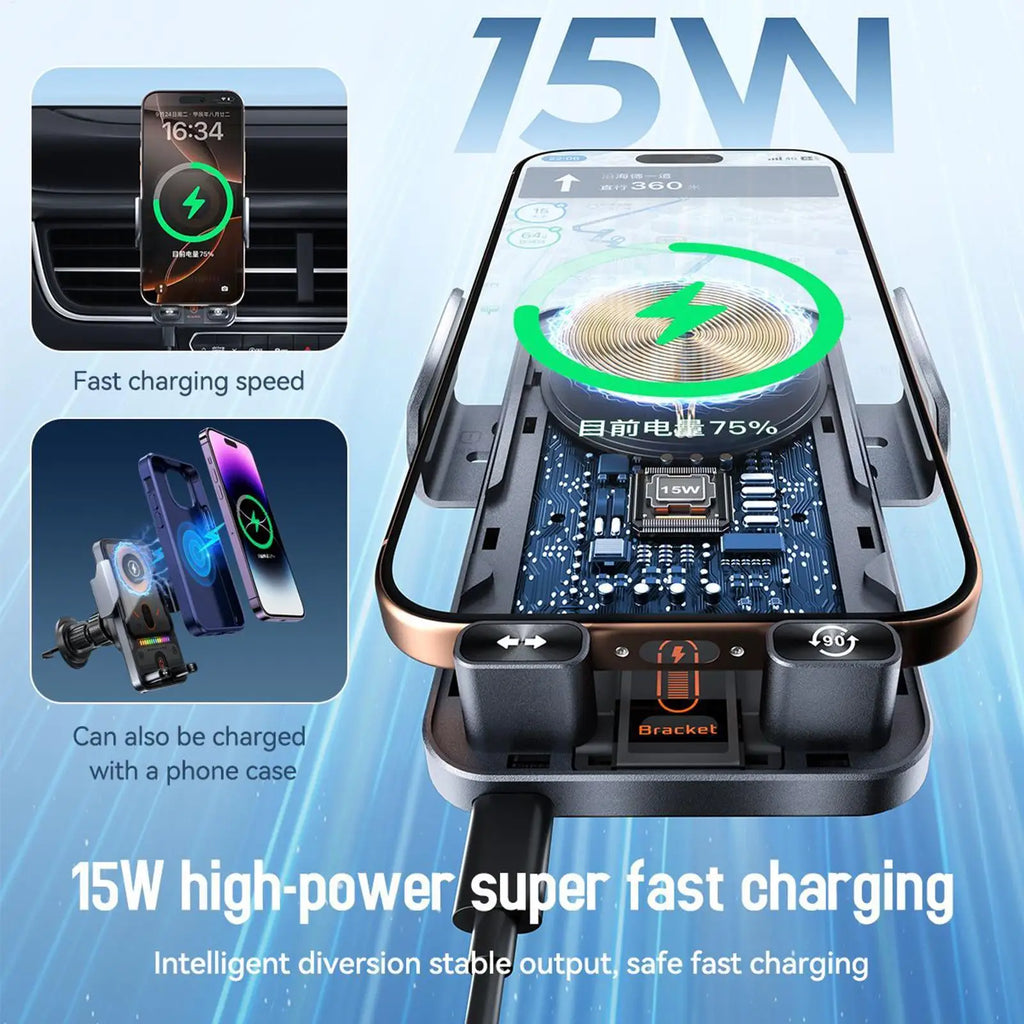 15W Wireless Car Charger Mount — Auto-Clamp, 360° Rotation & Air Vent Grip