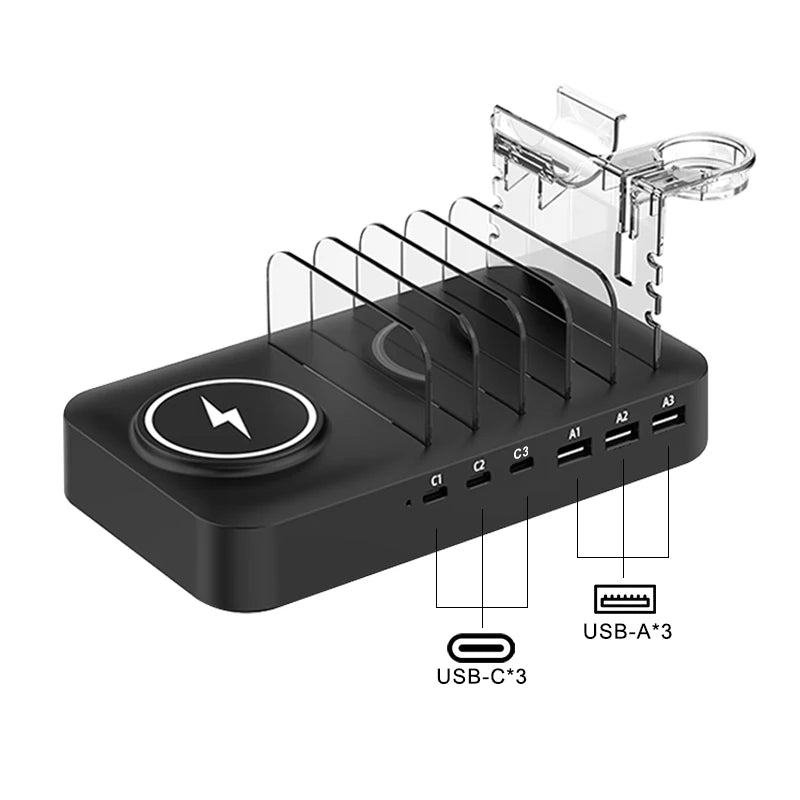 9-in-1 Multifunctional Charging Station — Wireless + USB-C + USB-A for Phones, Watches & Earbuds