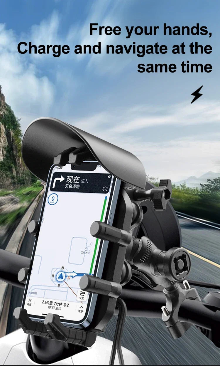 Motorcycle & Bike Phone Mount — 15W Wireless + 30W USB-C Fast Charging, 360° Rotation