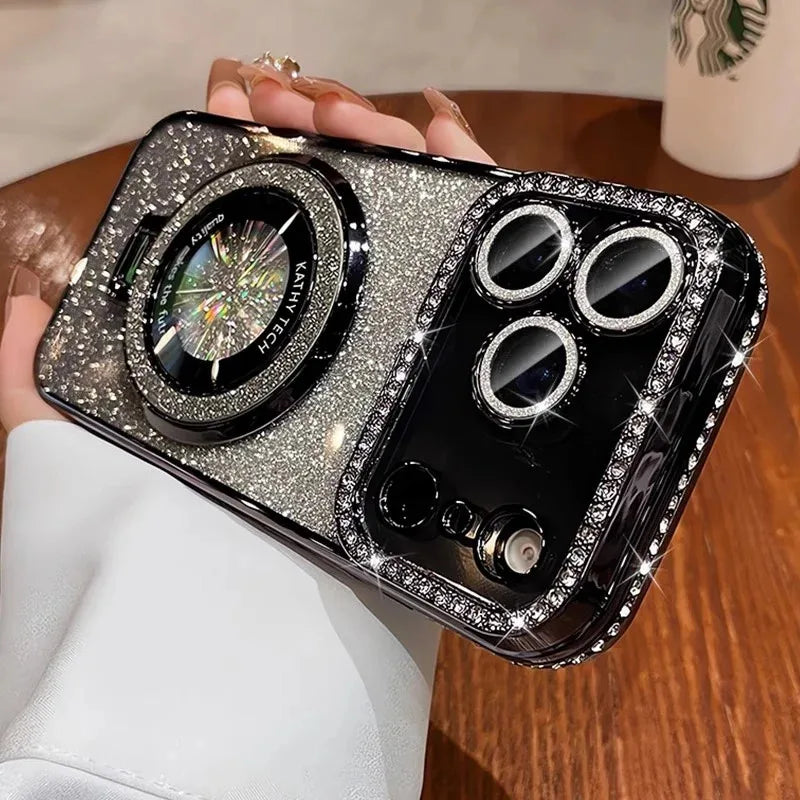Diamond Glitter Magnetic iPhone Case — Transparent Plating with Lens Protection & Kickstand