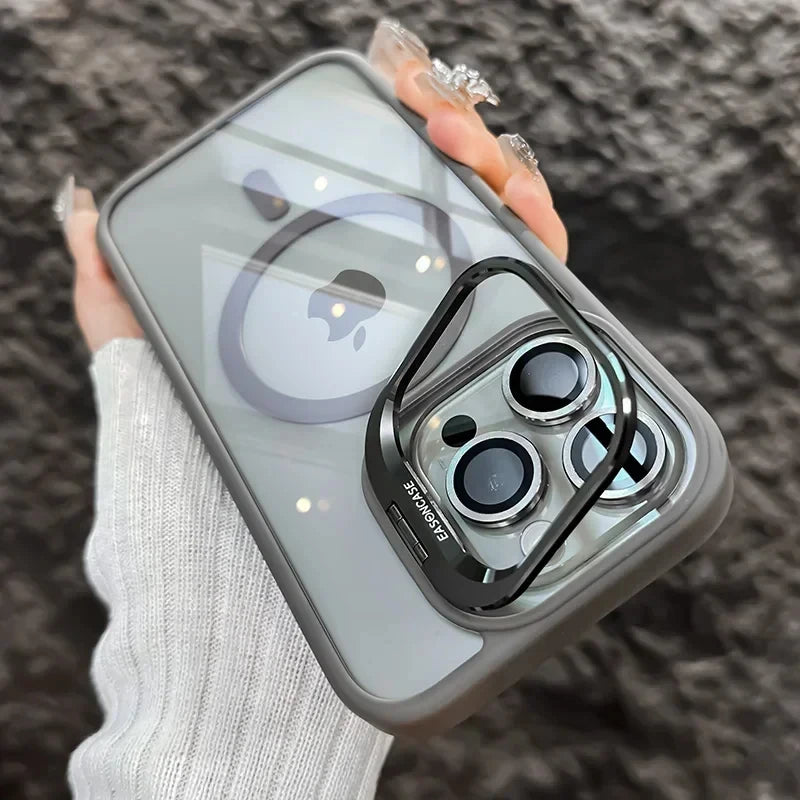 Magnetic Shockproof Phone Case with Glass Lens Protection & Stand – iPhone 11 to 17 Series