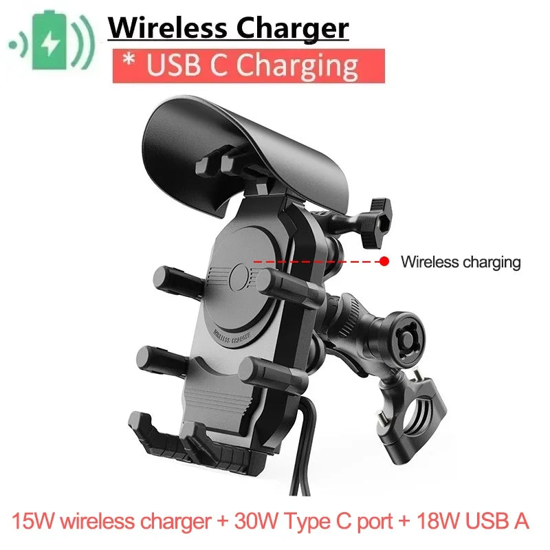 Motorcycle & Bike Phone Mount — 15W Wireless + 30W USB-C Fast Charging, 360° Rotation
