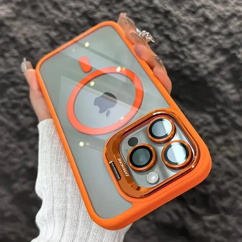 Magnetic Shockproof Phone Case with Glass Lens Protection & Stand – iPhone 11 to 17 Series