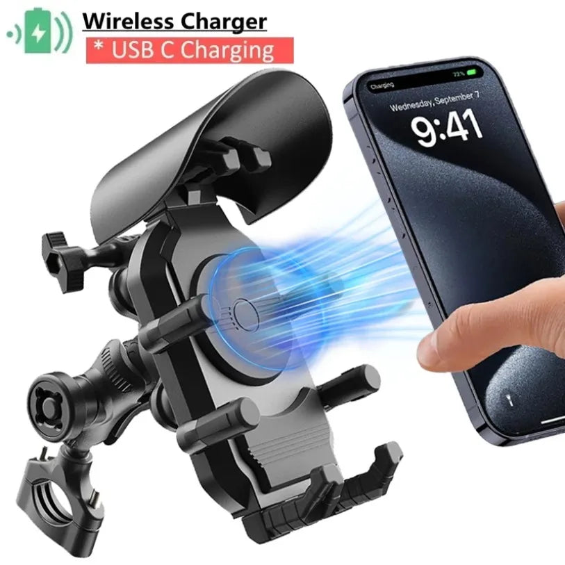 Motorcycle & Bike Phone Mount — 15W Wireless + 30W USB-C Fast Charging, 360° Rotation