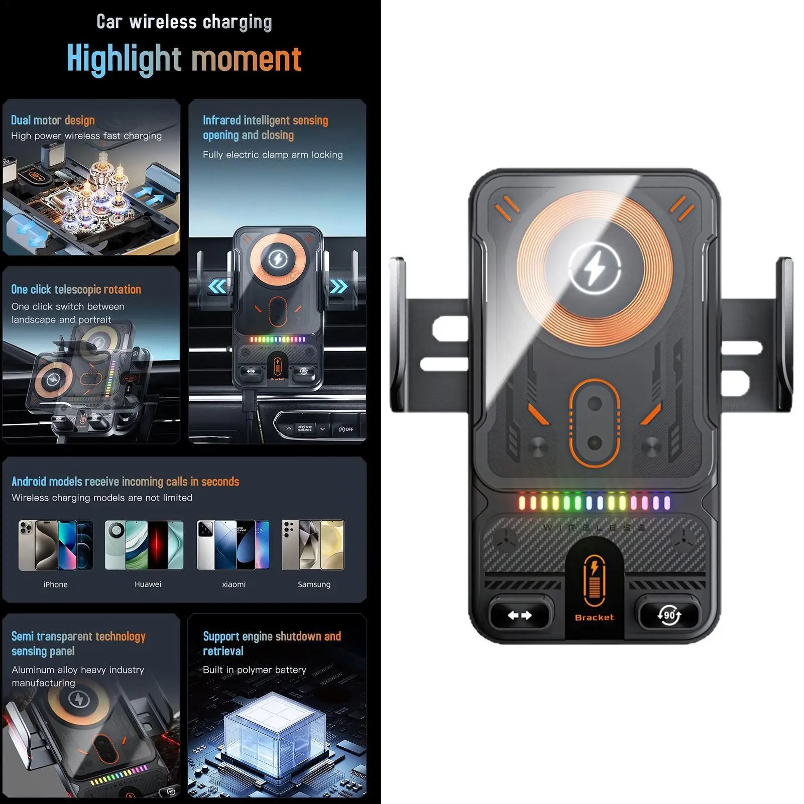 15W Wireless Car Charger Mount — Auto-Clamp, 360° Rotation & Air Vent Grip