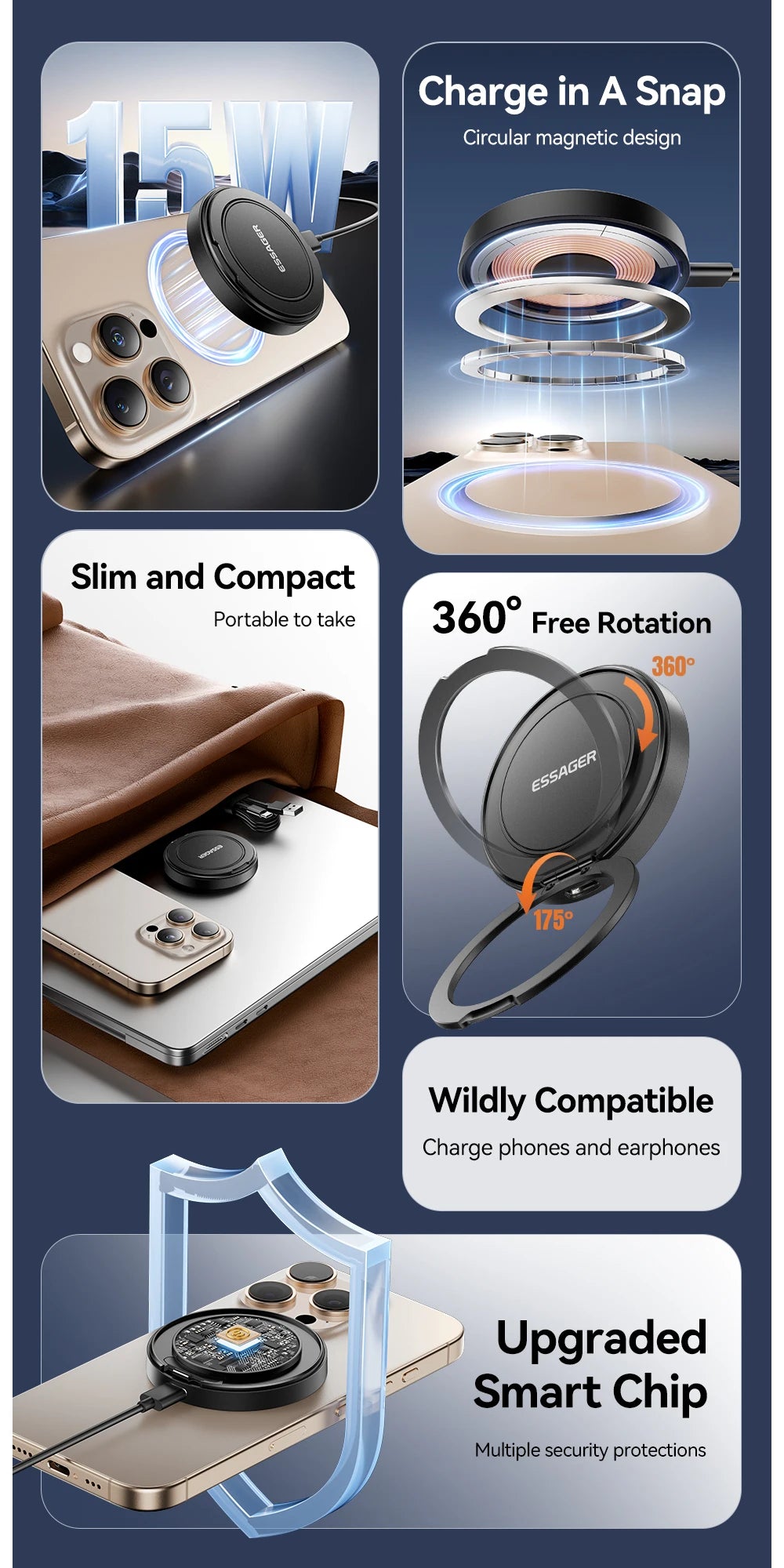 Essager 15W Magnetic Wireless Charger — iPhone 16/15/14/13 & AirPods