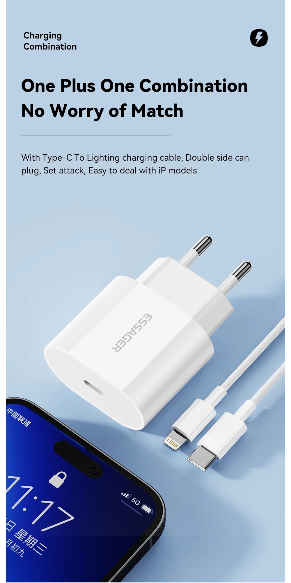 20W USB-C Fast Charger + Lightning Cable Kit | iPhone 14/13/12 | US & EU Plug