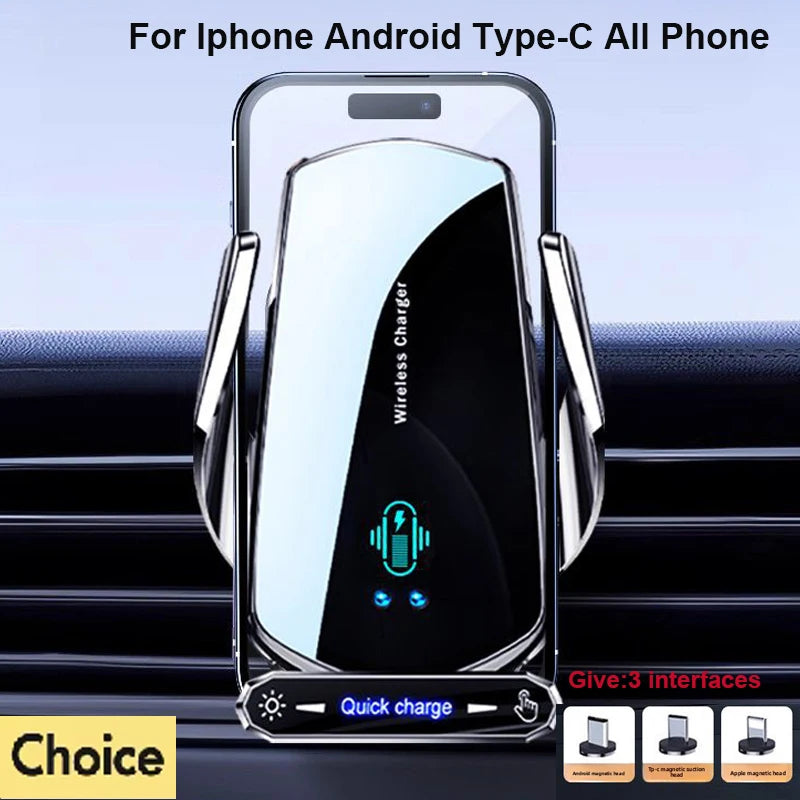 Universal Car Phone Holder — Wireless & Wired Charging for iPhone, Android & USB-C