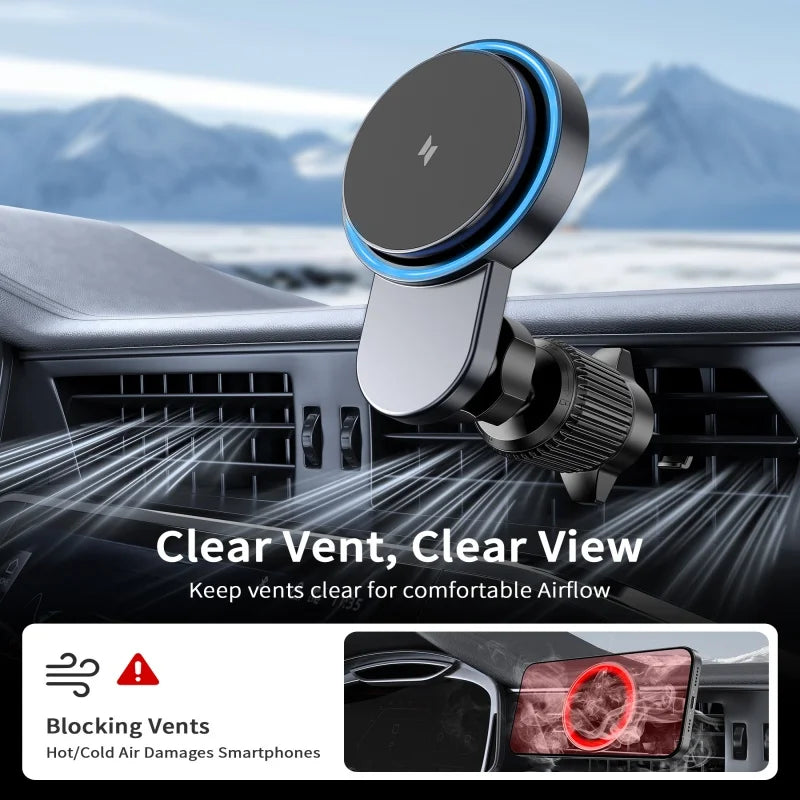 MagSafe Magnetic Car Charger with Cooling Fan — 15W Fast Wireless Charging Vent Mount