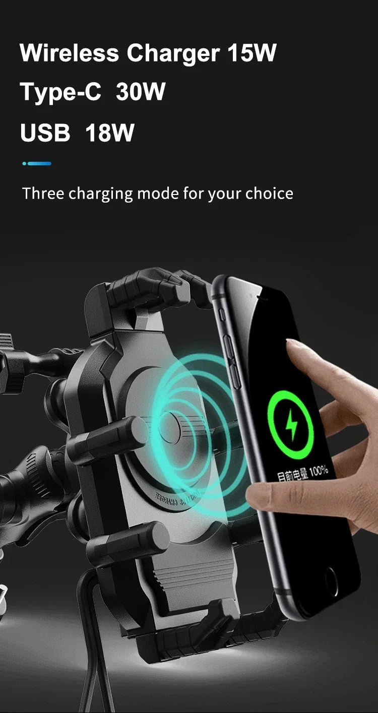 Motorcycle & Bike Phone Mount — 15W Wireless + 30W USB-C Fast Charging, 360° Rotation