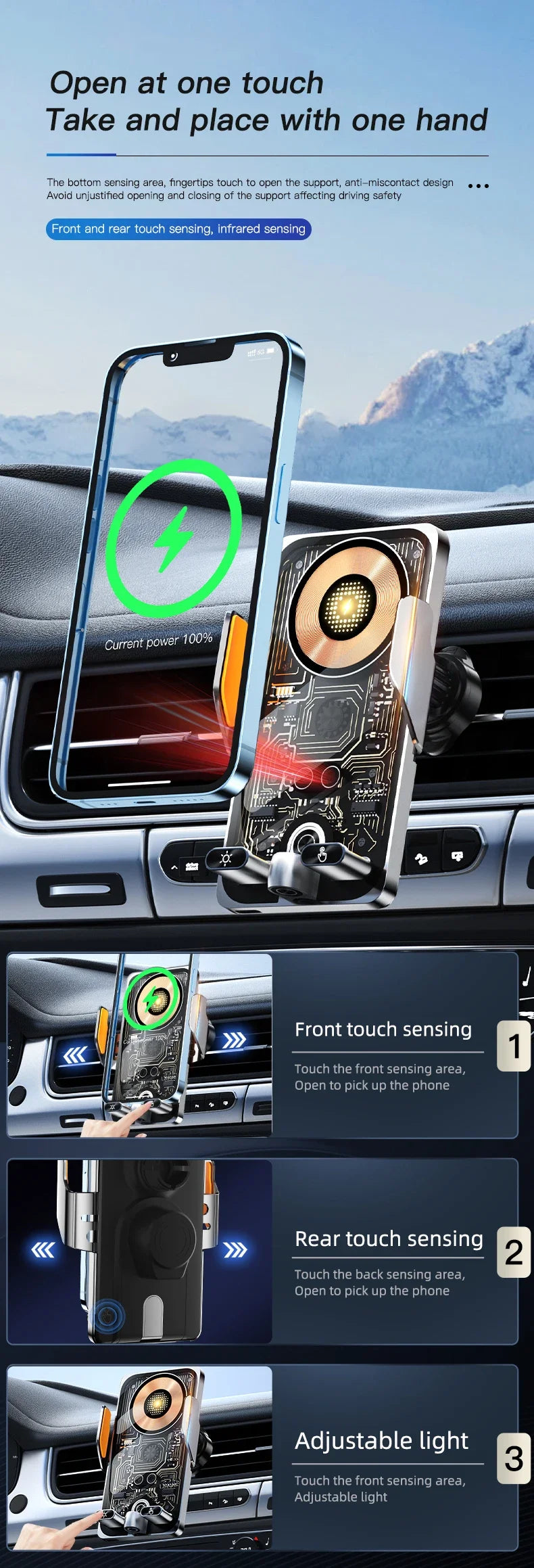 66W Smart Wireless Car Charger & Auto-Clamping Phone Holder