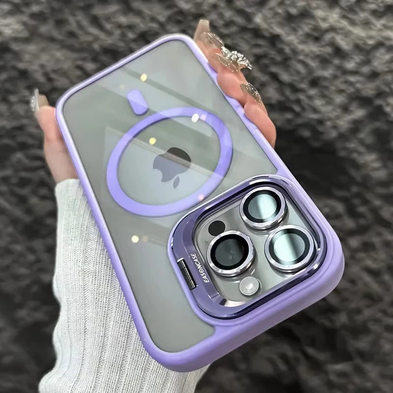 Magnetic Shockproof Phone Case with Glass Lens Protection & Stand – iPhone 11 to 17 Series