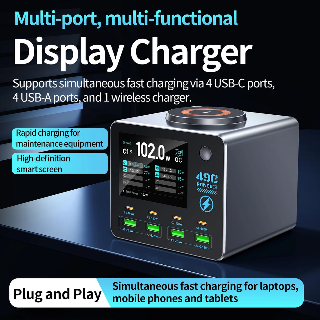 140W Smart Digital Charging Station — 8 Ports, Wireless & GaN Technology