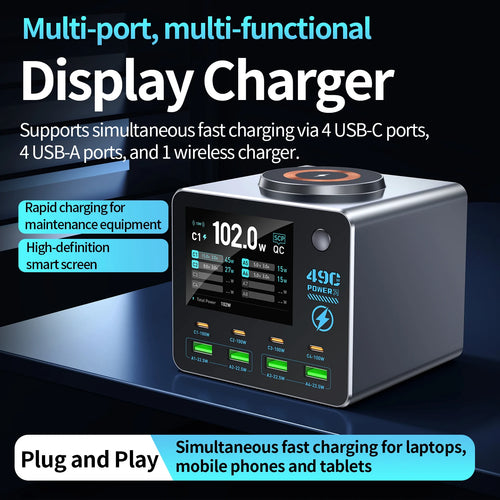 140W Smart Digital Charging Station — 8 Ports, Wireless & GaN Technology