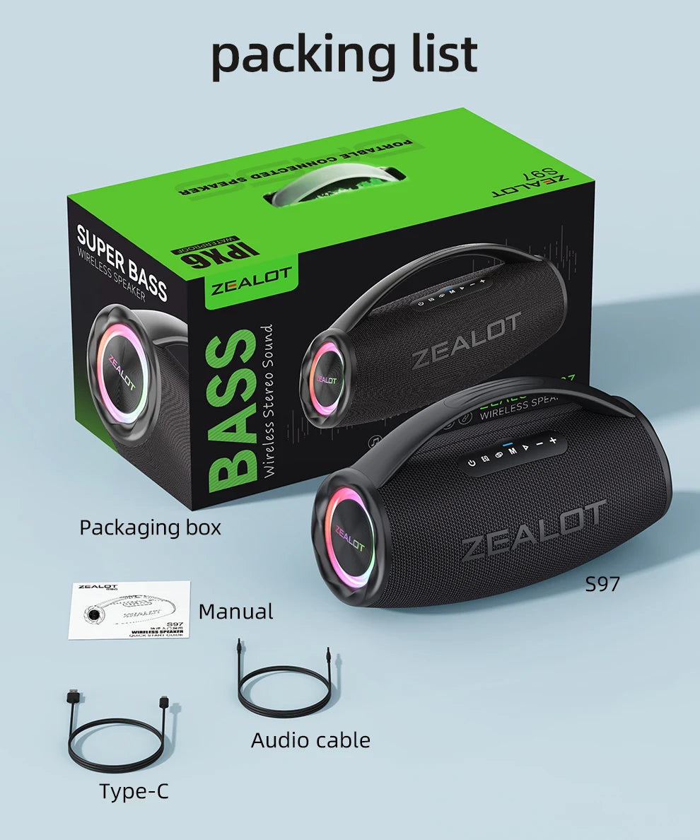 ZEALOT S97 80W Bluetooth Party Speaker — 16,000mAh, IPX6 Waterproof, RGB Lights & 360° Stereo