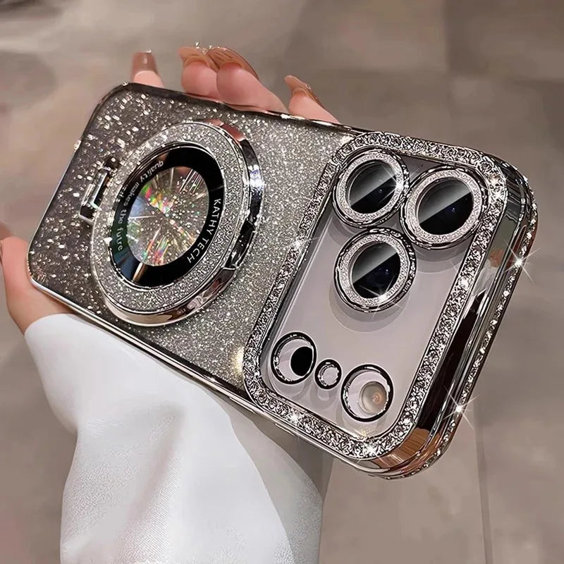 Diamond Glitter Magnetic iPhone Case — Transparent Plating with Lens Protection & Kickstand
