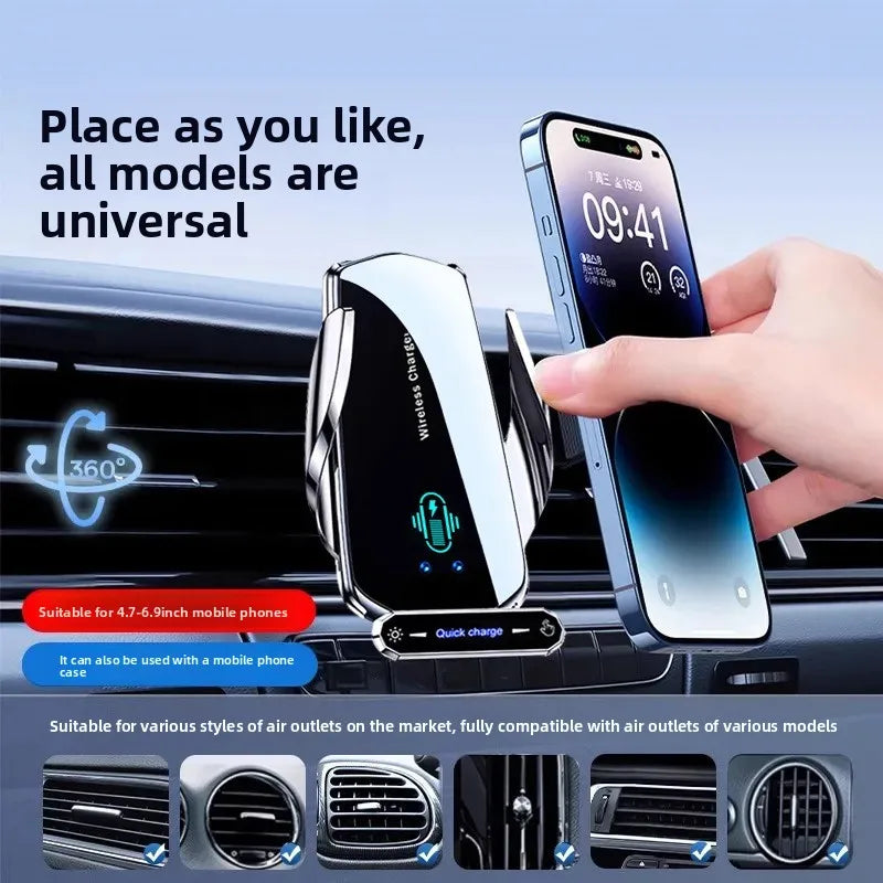 Universal Car Phone Holder — Wireless & Wired Charging for iPhone, Android & USB-C