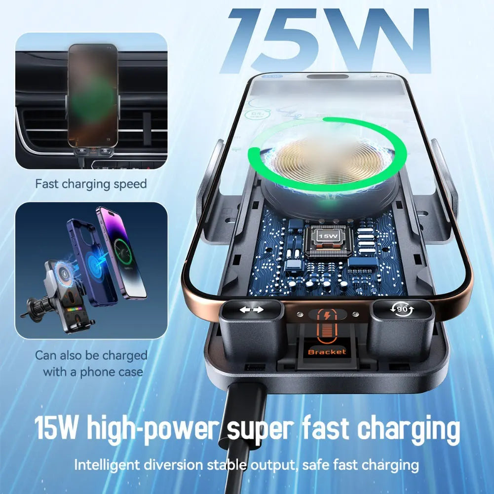 15W Auto-Clamping Wireless Car Charger — One-Button Mount & Release