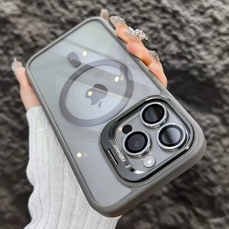 Magnetic Shockproof Phone Case with Glass Lens Protection & Stand – iPhone 11 to 17 Series