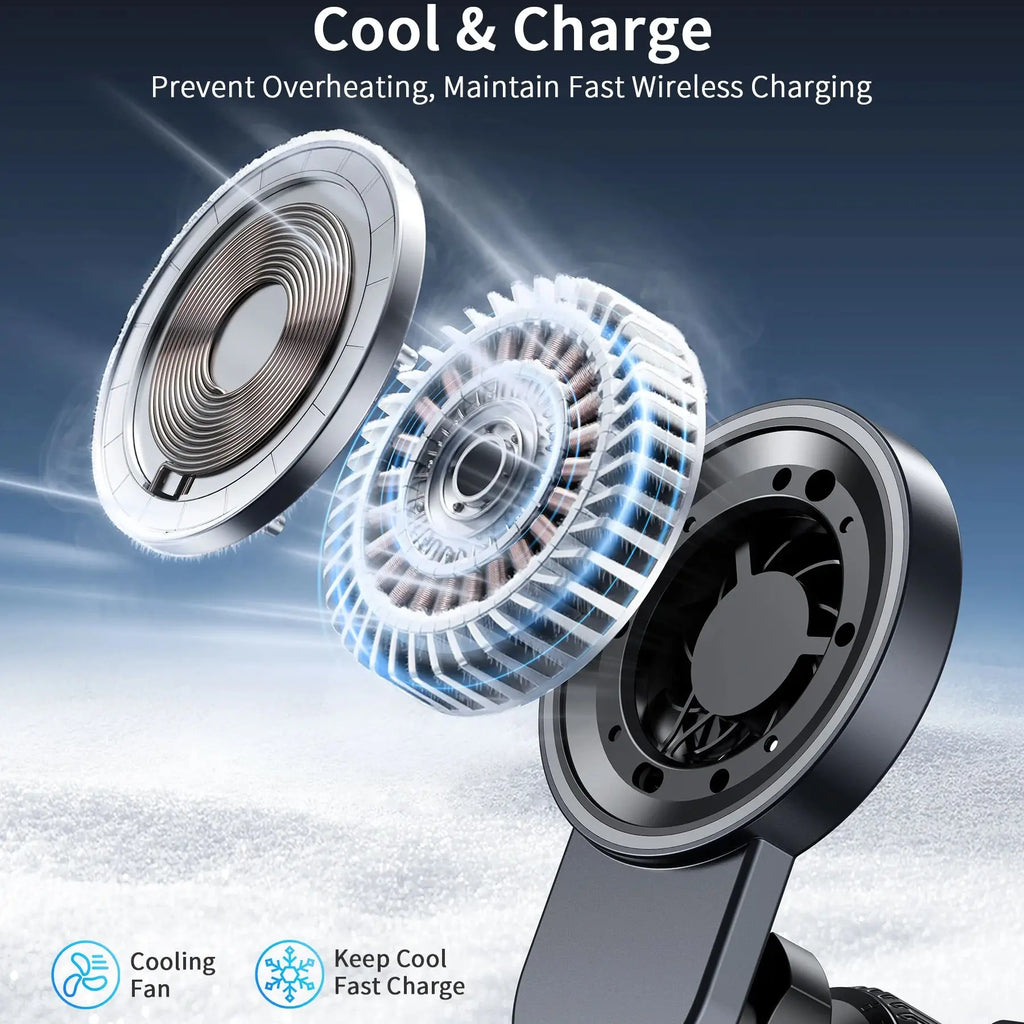 MagSafe Magnetic Car Charger with Cooling Fan — 15W Fast Wireless Charging Vent Mount