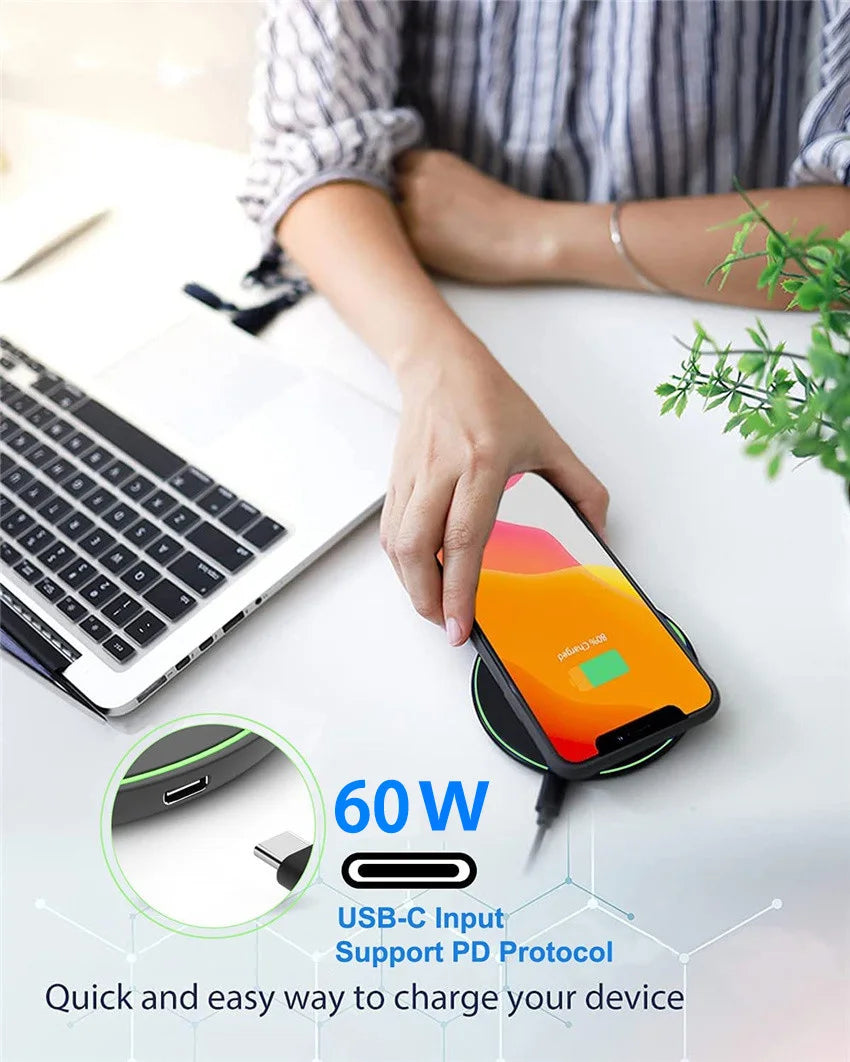 60W Fast Wireless Charging Pad — Universal, Slim & Case-Friendly