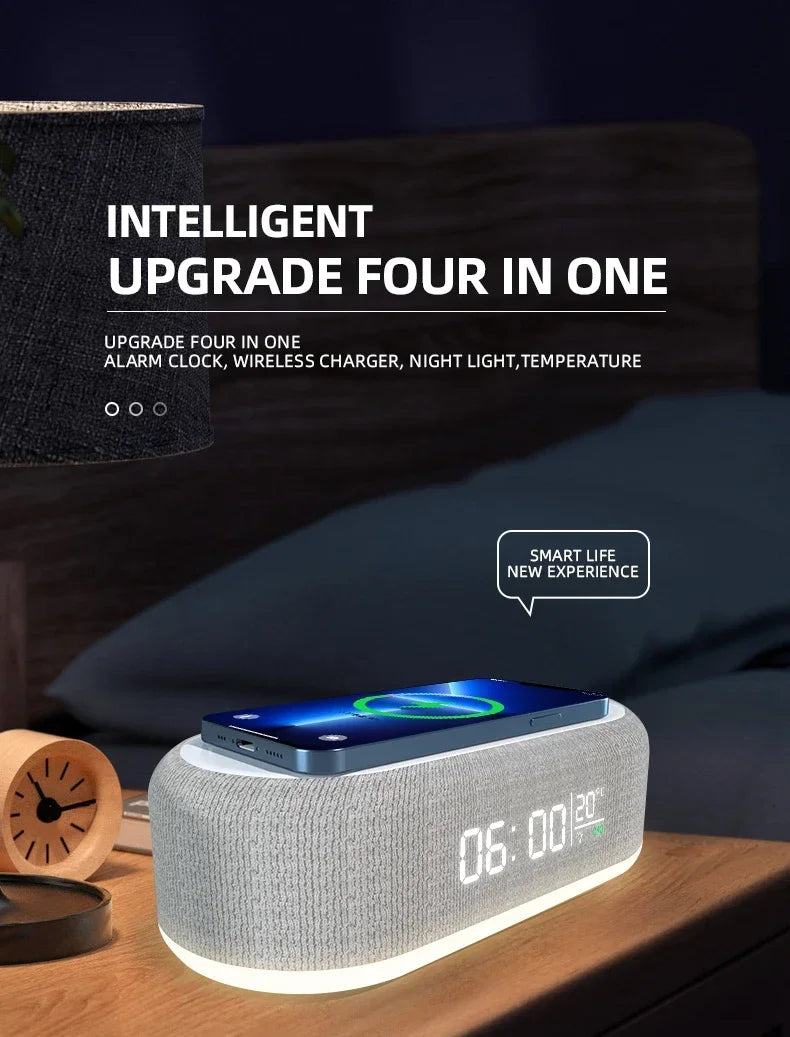 5-in-1 Wireless Charging Dock — Alarm Clock, Night Light & Thermometer
