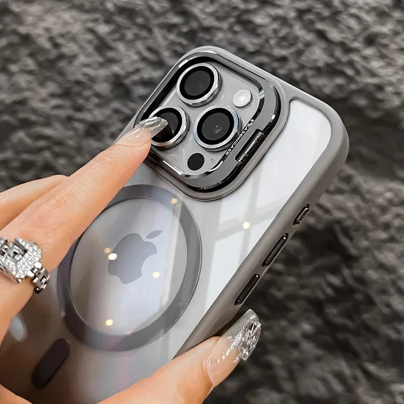 Magnetic Shockproof Phone Case with Glass Lens Protection & Stand – iPhone 11 to 17 Series