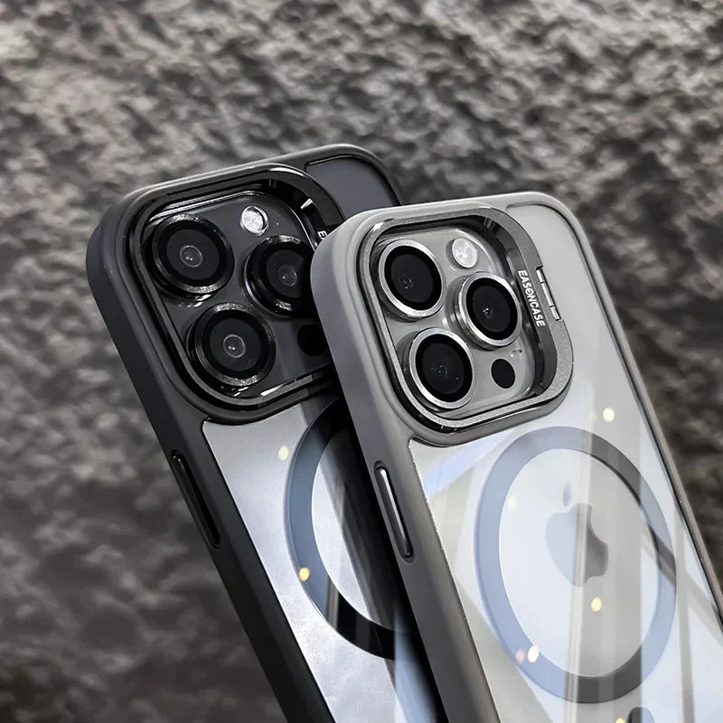 Magnetic Shockproof Phone Case with Glass Lens Protection & Stand – iPhone 11 to 17 Series