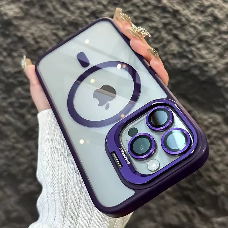 Magnetic Shockproof Phone Case with Glass Lens Protection & Stand – iPhone 11 to 17 Series