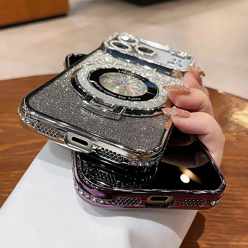 Diamond Glitter Magnetic iPhone Case — Transparent Plating with Lens Protection & Kickstand