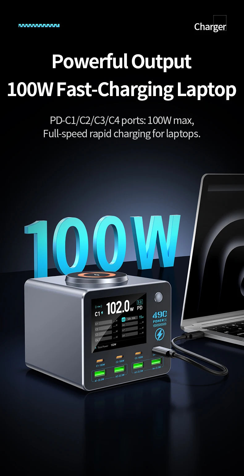 140W Smart Digital Charging Station — 8 Ports, Wireless & GaN Technology