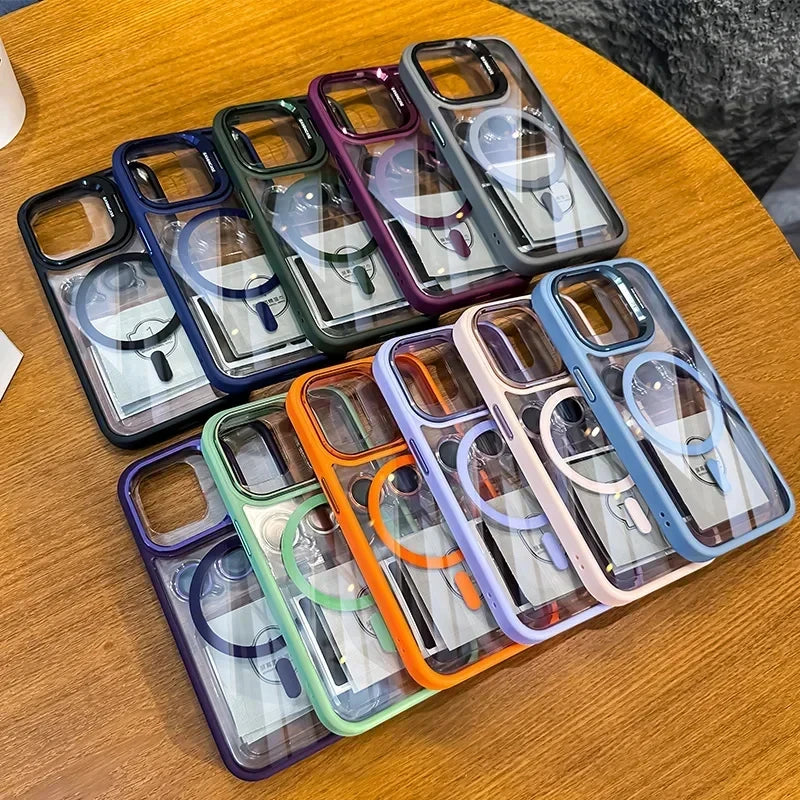 Magnetic Shockproof Phone Case with Glass Lens Protection & Stand – iPhone 11 to 17 Series