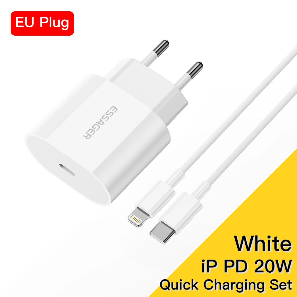 20W USB-C Fast Charger + Lightning Cable Kit | iPhone 14/13/12 | US & EU Plug