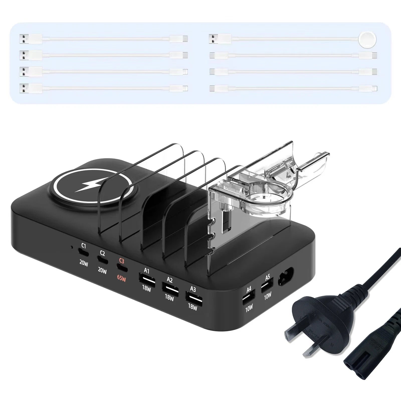 9-in-1 Multifunctional Charging Station — Wireless + USB-C + USB-A for Phones, Watches & Earbuds