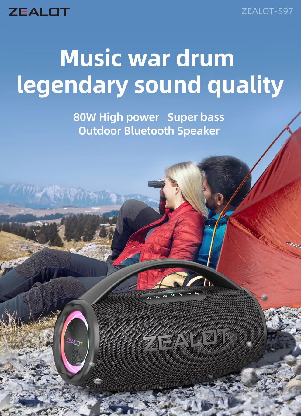 ZEALOT S97 80W Bluetooth Party Speaker — 16,000mAh, IPX6 Waterproof, RGB Lights & 360° Stereo