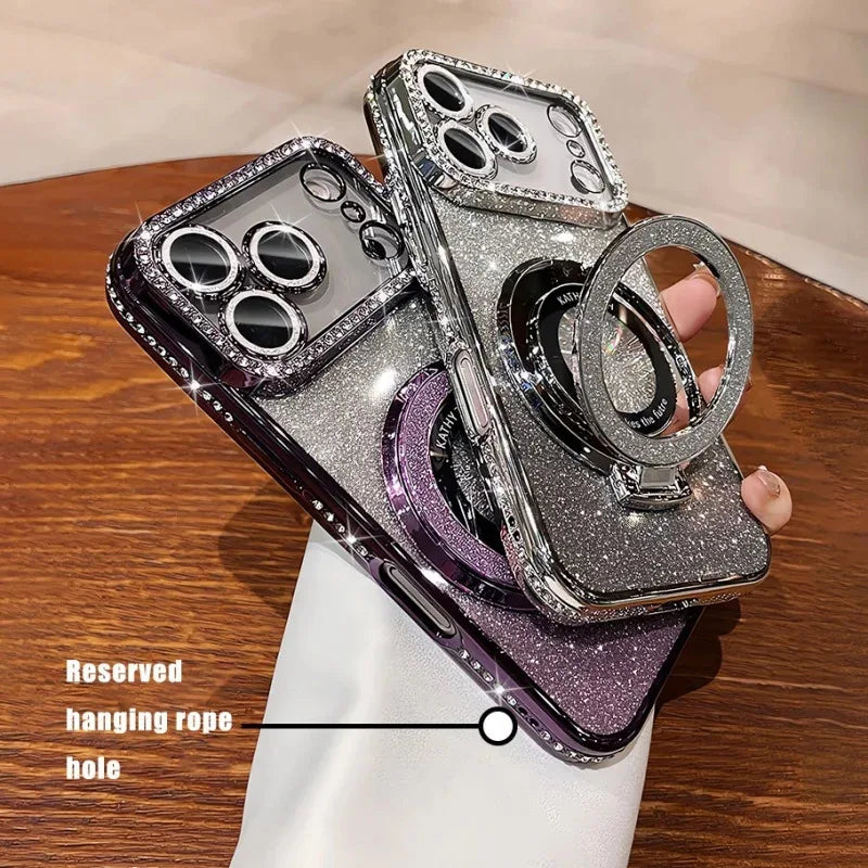 Diamond Glitter Magnetic iPhone Case — Transparent Plating with Lens Protection & Kickstand